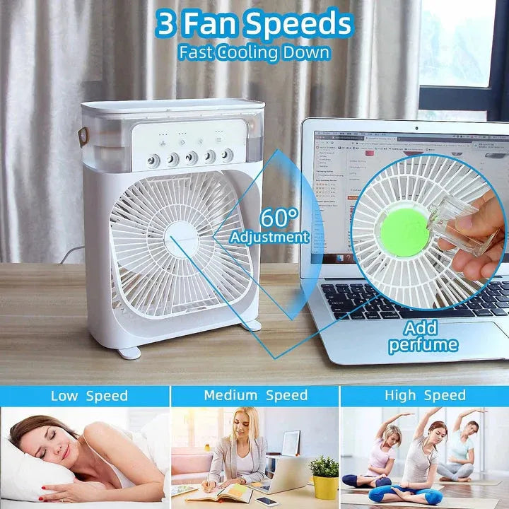 10-Inch Desktop Water Mist Fan – Portable Humidifier Air Cooler with 5-Hole Spray, 3 Speed Modes, and LED Night Light (Not Rechargeable)