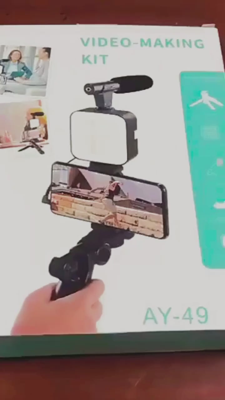 AY-49 Vlogging Kit | Portable Video Recording Setup with LED Light, Shotgun Mic & Flexible Tripod without Remote